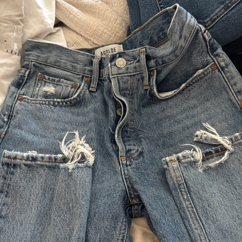 Agolde Blue Distressed Straight Leg Jeans